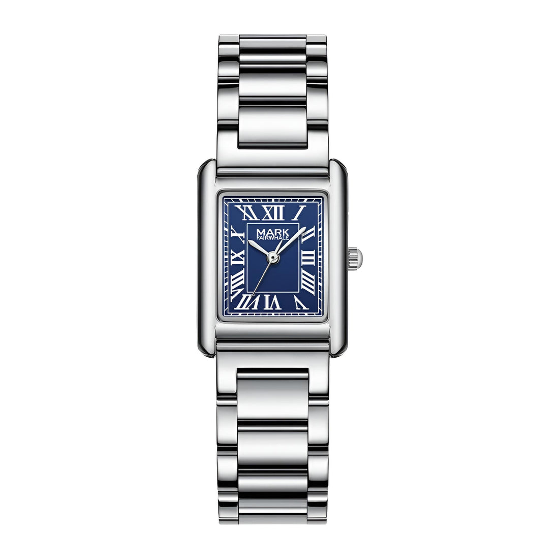 Mark Fairwhale 3680 RECTA women’s rectangular luxury watch with Roman numeral dial and polished stainless bracelet