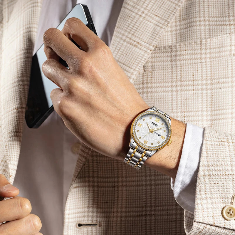 Mark Fairwhale 3740 VELTOR Unisex Quartz Watch with Gold Bezel on Men’s Wrist.