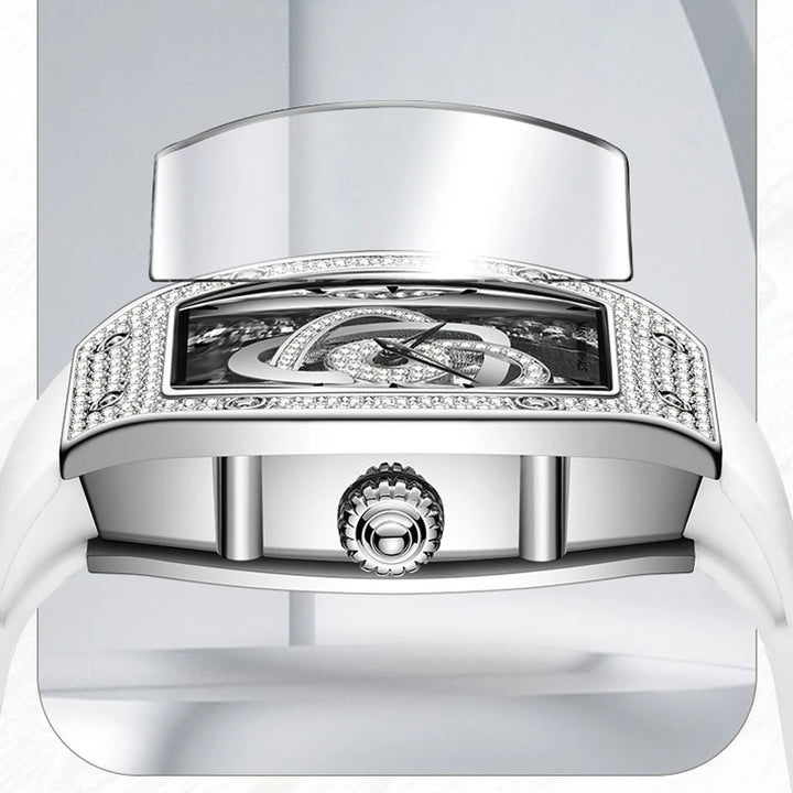 Mark Fairwhale 3770 ASTREA women’s luxury tonneau watch with starry sky dial and diamond-set bezel, captured in bright studio lighting