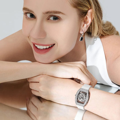 Mark Fairwhale 3770 ASTREA women’s luxury tonneau watch with starry sky dial and diamond-set bezel, captured in bright studio lighting