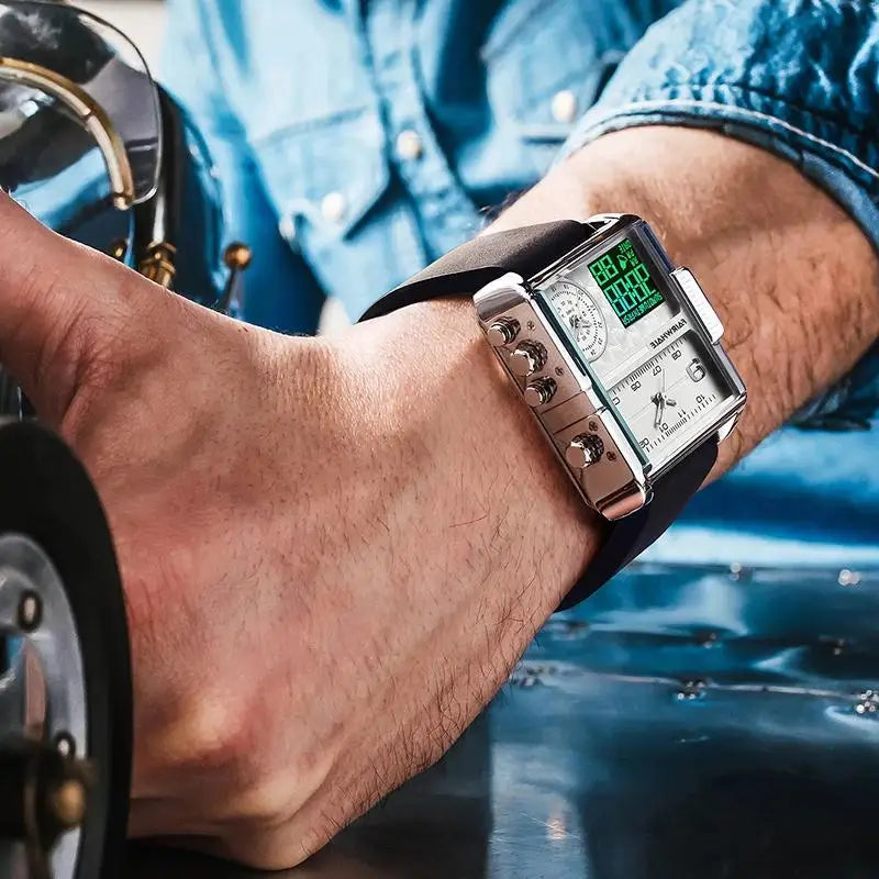 Mark Fairwhale 4270 TACORA military-inspired chronograph watch with labeled straight-edge, 24-hour, and digital time displays for precision and clarity