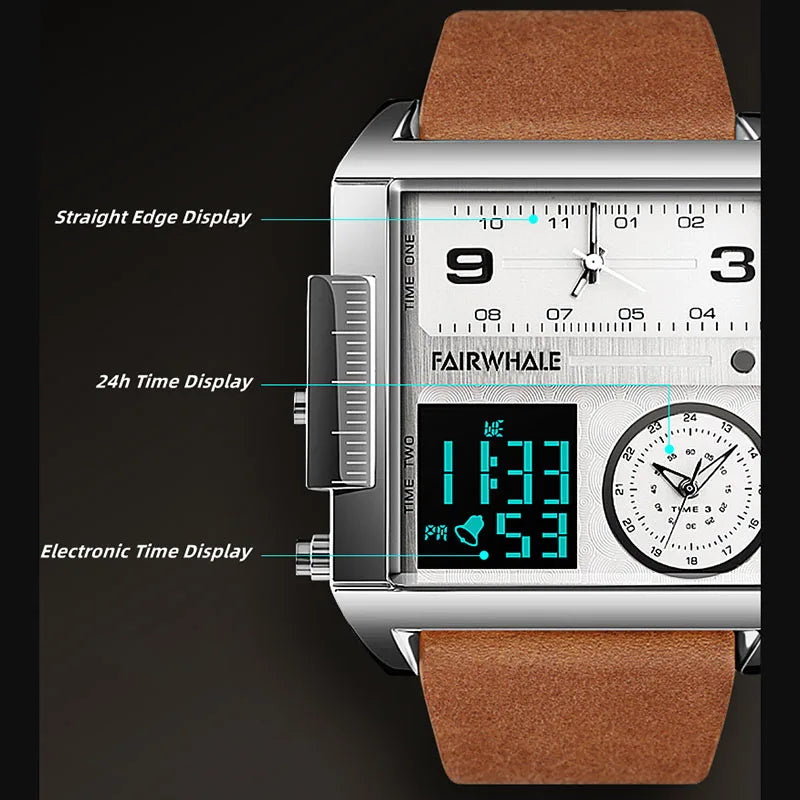 Mark Fairwhale 4270 TACORA military-inspired chronograph watch with labeled straight-edge, 24-hour, and digital time displays for precision and clarity