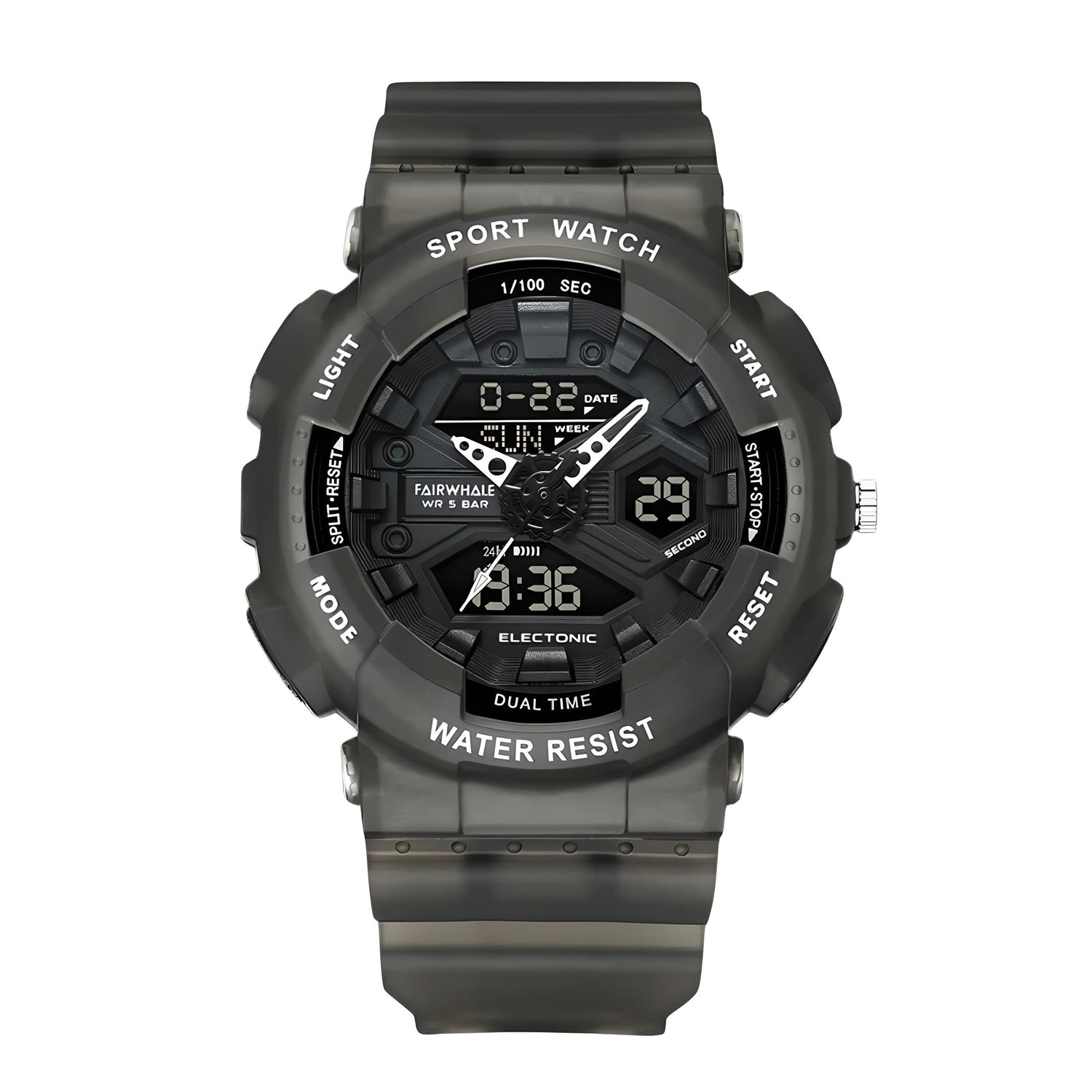 Mark Fairwhale 4370 VYBRO analog-digital watch with bright blue LED illumination showing dual time, calendar, and chronograph display in the dark.