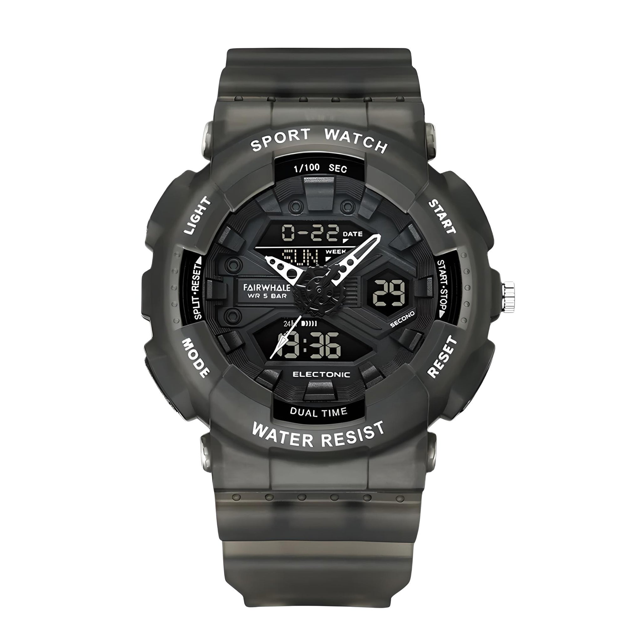 Mark Fairwhale 4370 VYBRO analog-digital watch with bright blue LED illumination showing dual time, calendar, and chronograph display in the dark.