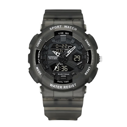 Mark Fairwhale 4370 VYBRO analog-digital watch with bright blue LED illumination showing dual time, calendar, and chronograph display in the dark.