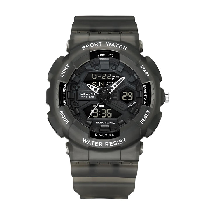 Mark Fairwhale 4370 VYBRO analog-digital watch with bright blue LED illumination showing dual time, calendar, and chronograph display in the dark.