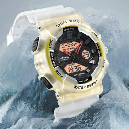 Mark Fairwhale 4370 VYBRO analog-digital watch with bright orange LED illumination showing dual time, calendar, and chronograph display in the dark.