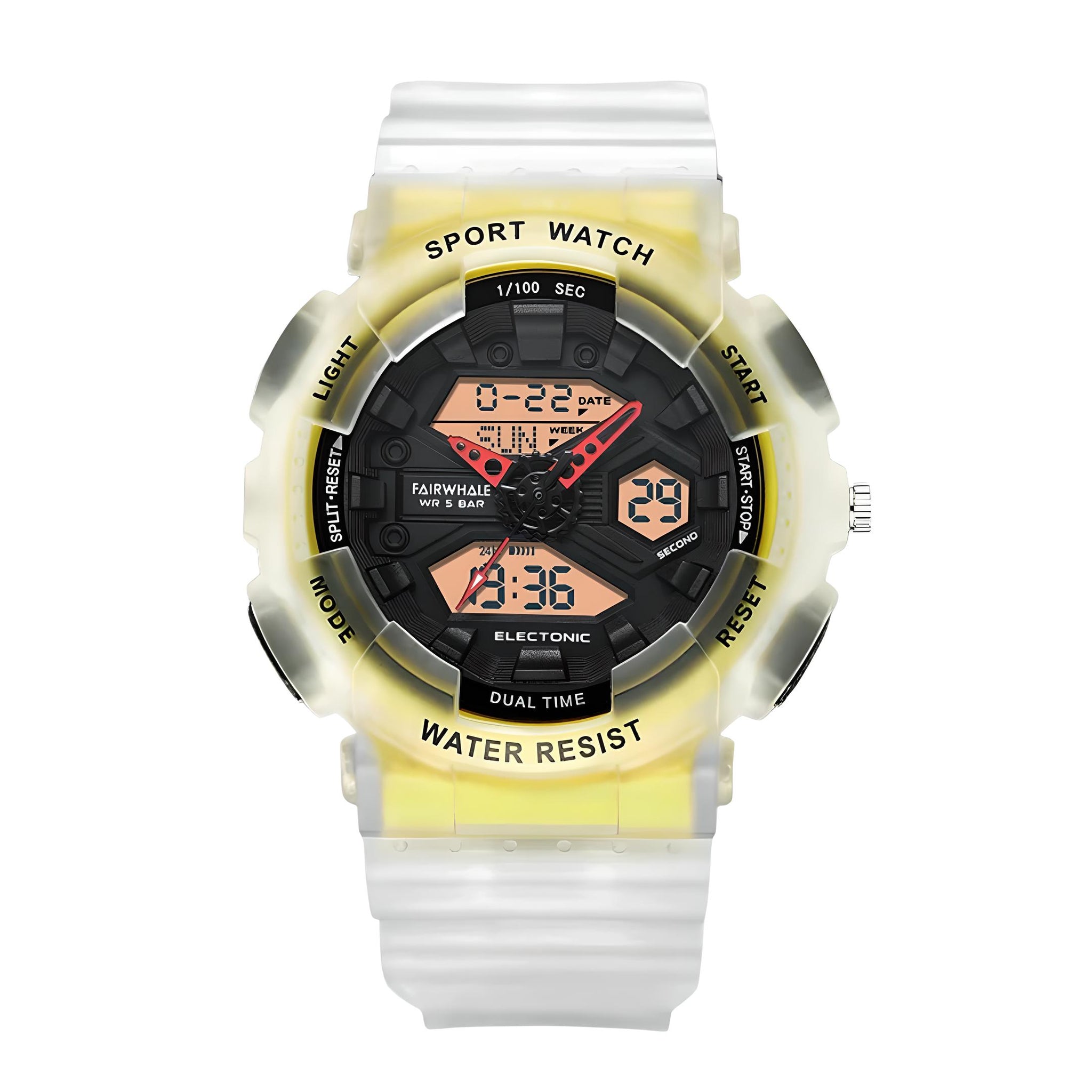 Mark Fairwhale 4370 VYBRO analog-digital watch with bright blue LED illumination showing dual time, calendar, and chronograph display in the dark.