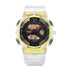 Mark Fairwhale 4370 VYBRO analog-digital watch with bright blue LED illumination showing dual time, calendar, and chronograph display in the dark.
