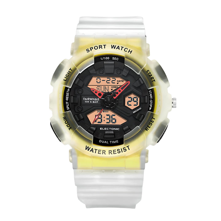 Mark Fairwhale 4370 VYBRO analog-digital watch with bright blue LED illumination showing dual time, calendar, and chronograph display in the dark.
