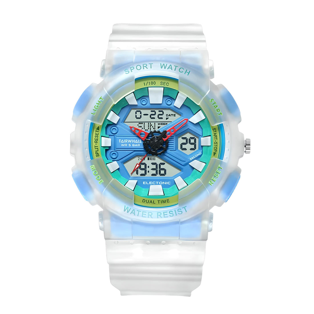 Mark Fairwhale 4370 VYBRO analog-digital watch with bright blue LED illumination showing dual time, calendar, and chronograph display in the dark.