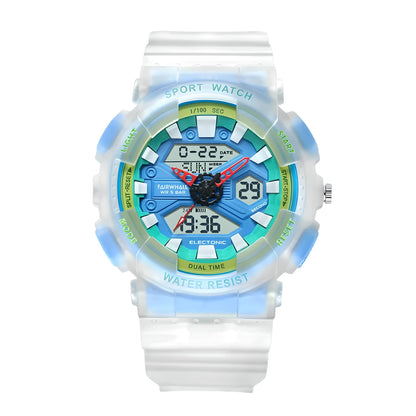 Mark Fairwhale 4370 VYBRO analog-digital watch with bright blue LED illumination showing dual time, calendar, and chronograph display in the dark.