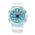 Mark Fairwhale 4370 VYBRO analog-digital watch with bright blue LED illumination showing dual time, calendar, and chronograph display in the dark.