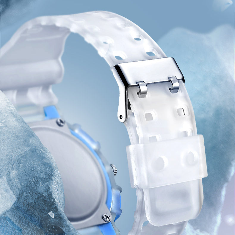 Mark Fairwhale 4370 VYBRO analog-digital watch with bright white strap showing dual time, calendar, and chronograph display in the dark.