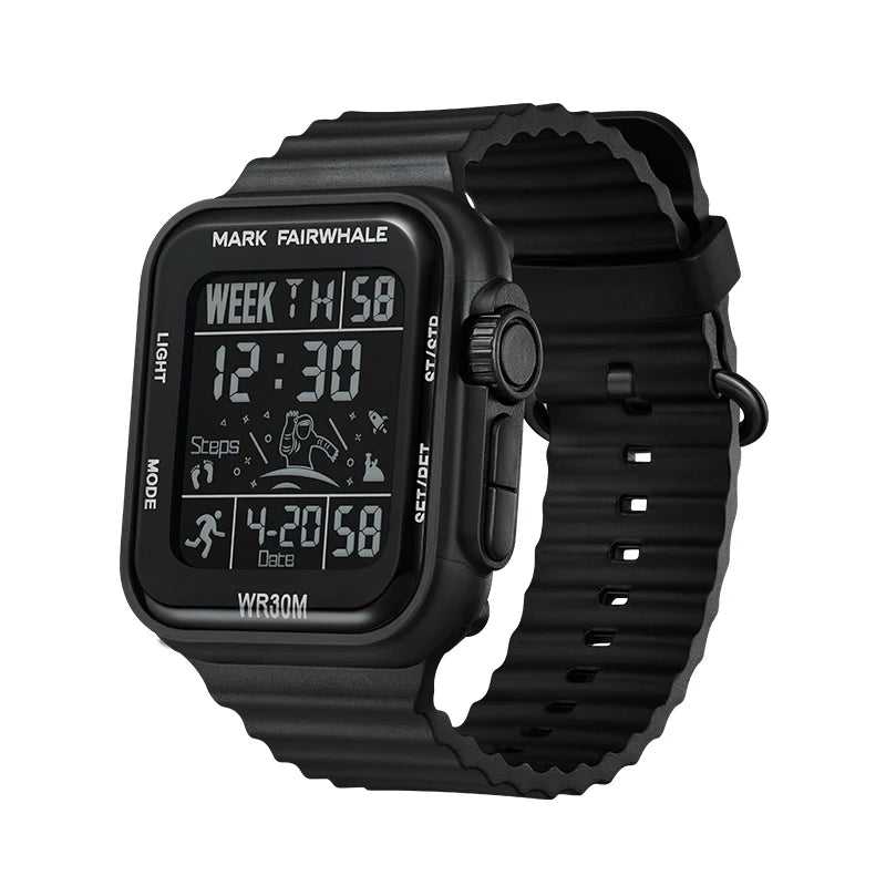 Mark Fairwhale 4430 NOXUL men’s square digital LED watch with blue illuminated screen showing fitness tracker icons and step count.