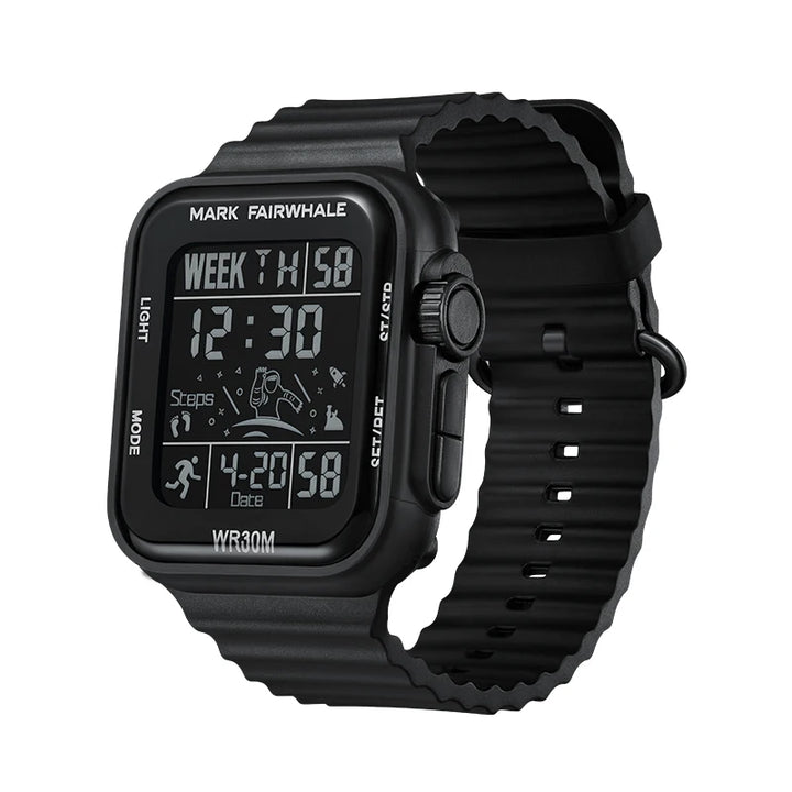 Mark Fairwhale 4430 NOXUL men’s square digital LED watch with blue illuminated screen showing fitness tracker icons and step count.