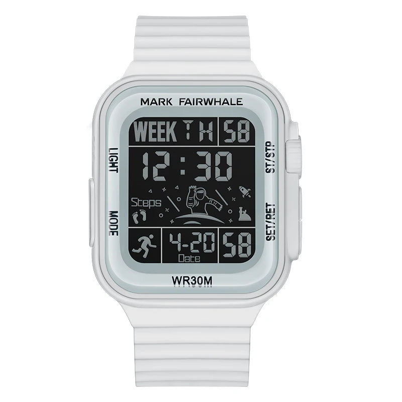 Mark Fairwhale 4430 NOXUL men’s square digital LED watch with blue illuminated screen showing fitness tracker icons and step count.