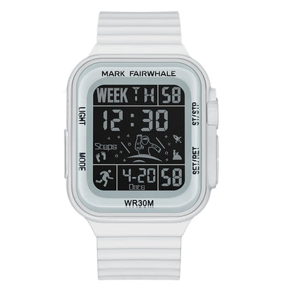 Mark Fairwhale 4430 NOXUL men’s square digital LED watch with blue illuminated screen showing fitness tracker icons and step count.