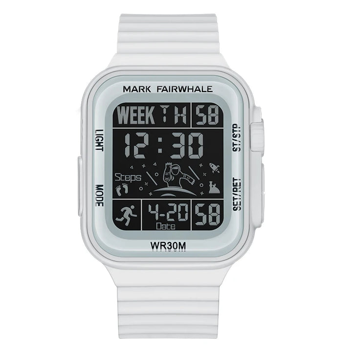 Mark Fairwhale 4430 NOXUL men’s square digital LED watch with blue illuminated screen showing fitness tracker icons and step count.