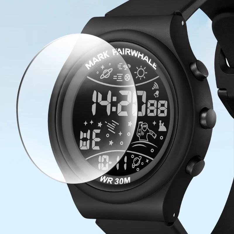Mark Fairwhale 4440 TERRIX men’s outdoor digital watch shown underwater, highlighting its LED screen and 30 m water resistance for active lifestyles.