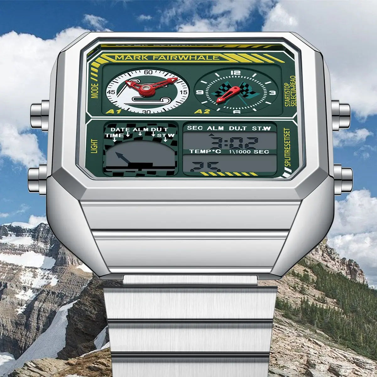 Mark Fairwhale 4460 VECTO men’s rectangular chronograph watch with stainless steel strap and analog-digital display, photographed with water resistance details.