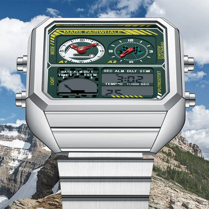Mark Fairwhale 4460 VECTO men’s rectangular chronograph watch with stainless steel strap and analog-digital display, photographed with water resistance details.