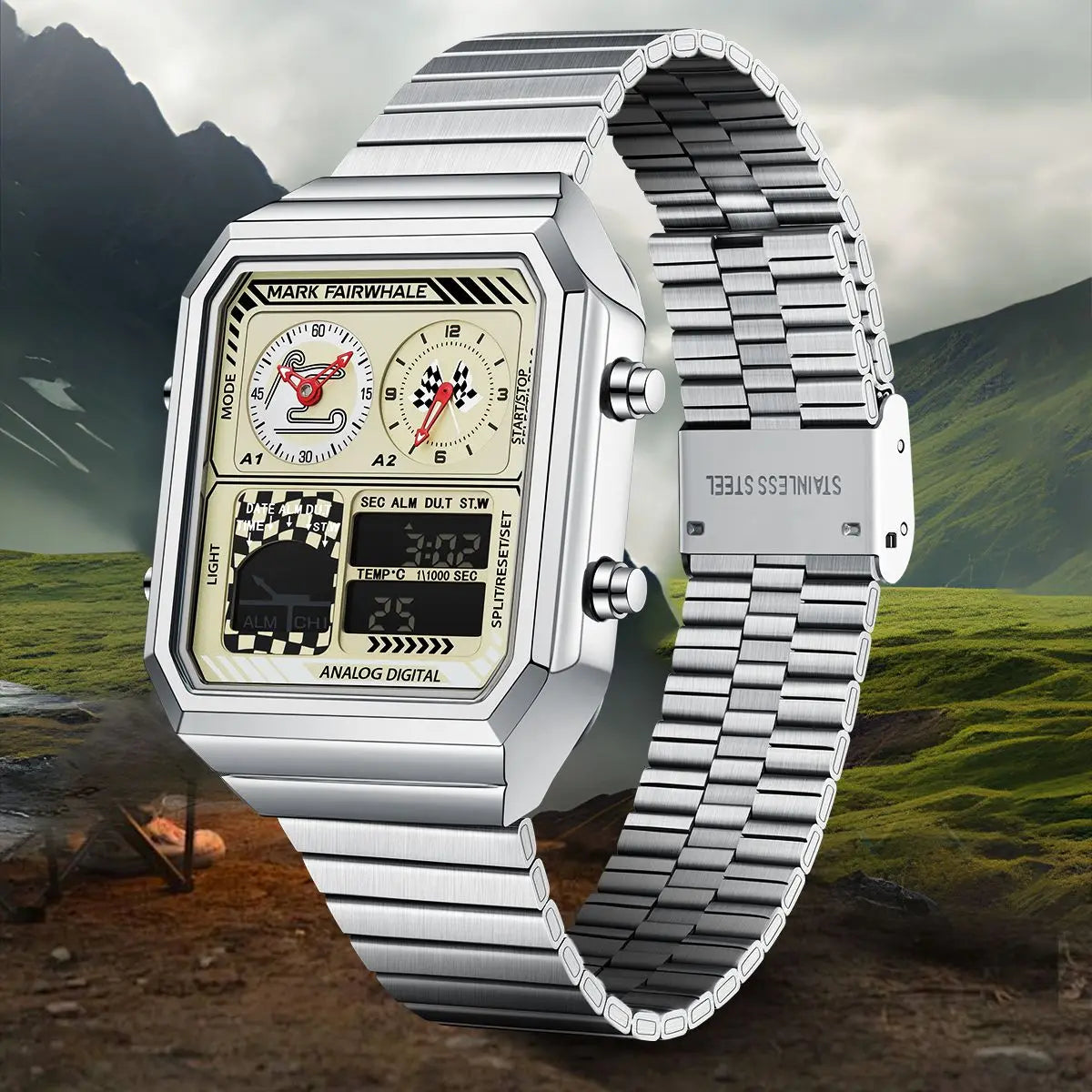 Mark Fairwhale 4460 VECTO men’s rectangular chronograph watch with stainless steel strap and analog-digital display, photographed with water resistance details.