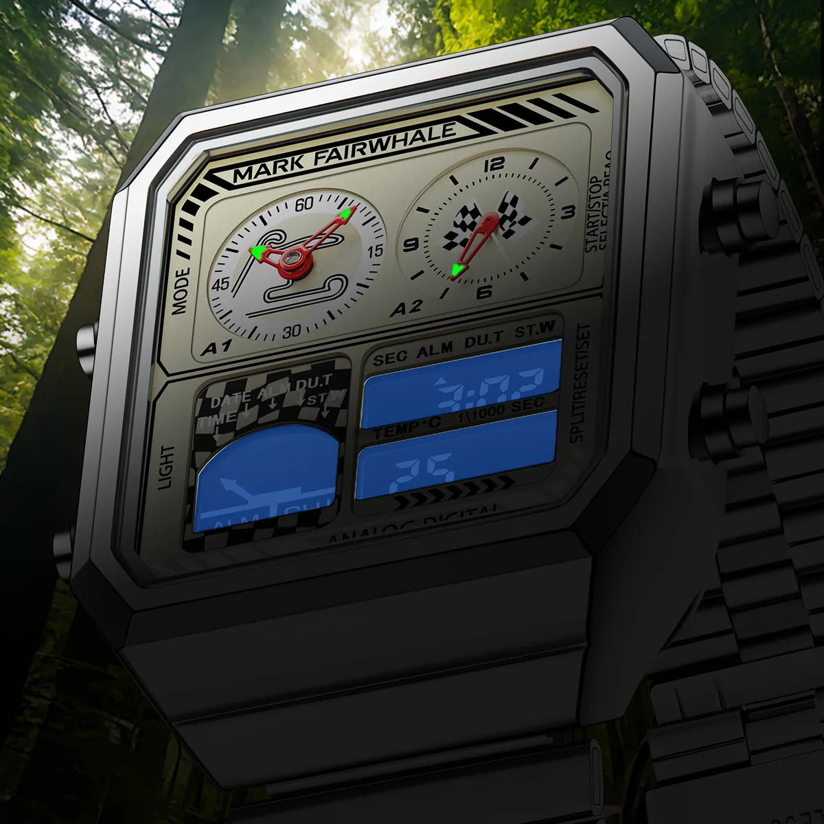Mark Fairwhale 4460 VECTO men’s rectangular chronograph watch with stainless steel strap and analog-digital display, photographed with water resistance details.