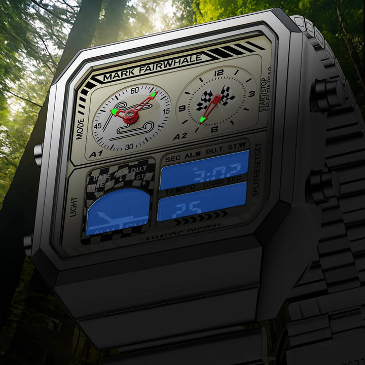 Mark Fairwhale 4460 VECTO men’s rectangular chronograph watch with stainless steel strap and analog-digital display, photographed with water resistance details.
