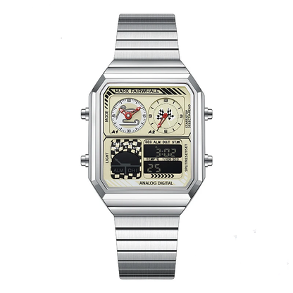 Mark Fairwhale 4460 VECTO men’s rectangular chronograph watch with stainless steel strap and analog-digital display, photographed with water resistance details.