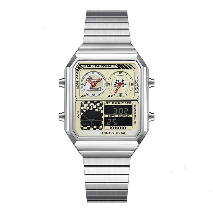 Mark Fairwhale 4460 VECTO men’s rectangular chronograph watch with stainless steel strap and analog-digital display, photographed with water resistance details.