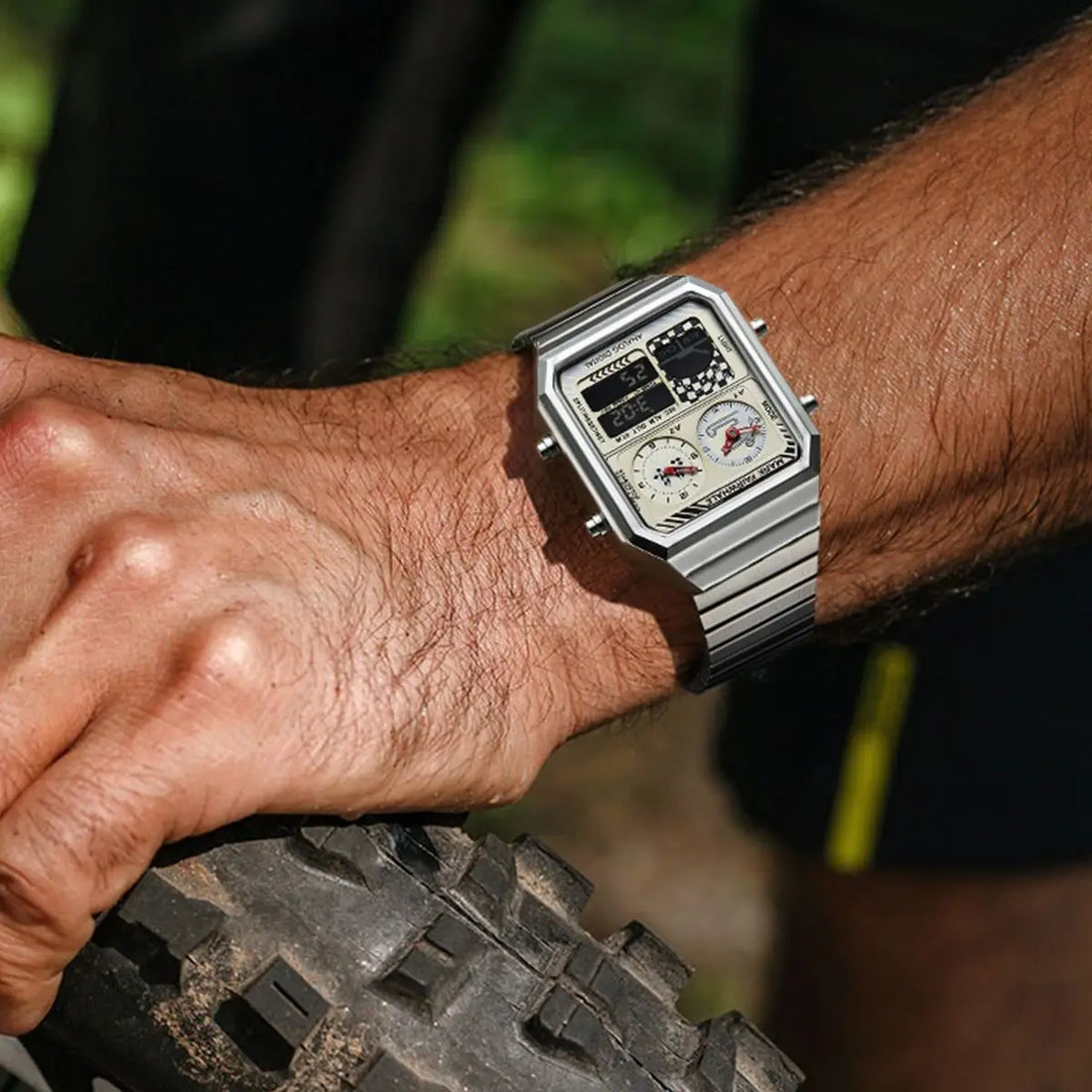 Mark Fairwhale 4460 VECTO men’s rectangular chronograph watch with stainless steel strap and analog-digital display, photographed with water resistance details.