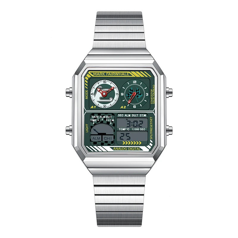 Mark Fairwhale 4460 VECTO men’s rectangular chronograph watch with stainless steel strap and analog-digital display, photographed with water resistance details.