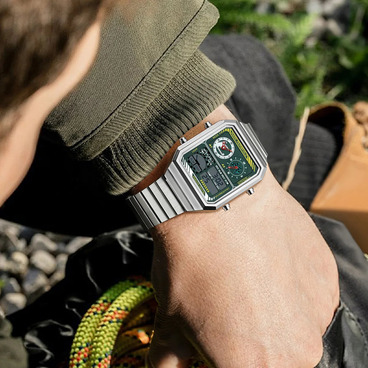 Mark Fairwhale 4460 VECTO men’s rectangular chronograph watch with stainless steel strap and analog-digital display, photographed with water resistance details.