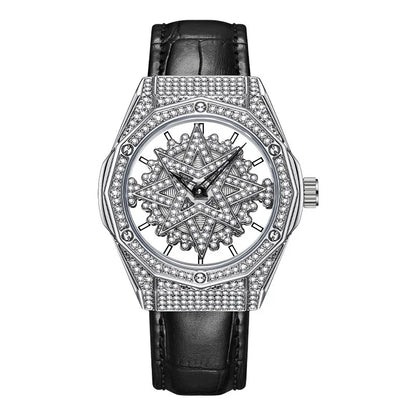 Mark Fairwhale 4465 LUXORA women’s iced-out watch with rotating star-shaped dial, stainless steel case, and crystal-encrusted bezel