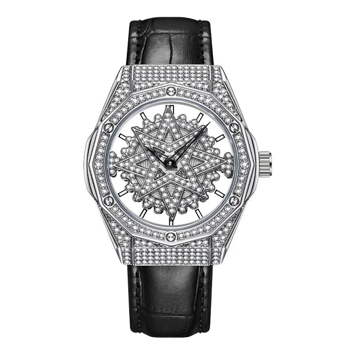 Mark Fairwhale 4465 LUXORA women’s iced-out watch with rotating star-shaped dial, stainless steel case, and crystal-encrusted bezel