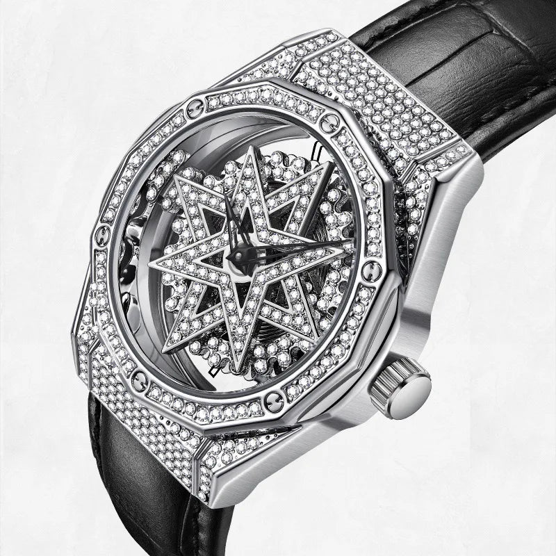 Mark Fairwhale 4465 LUXORA women’s iced-out watch with rotating star-shaped dial, stainless steel case, and crystal-encrusted bezel