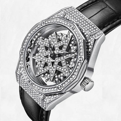 Mark Fairwhale 4465 LUXORA women’s iced-out watch with rotating star-shaped dial, stainless steel case, and crystal-encrusted bezel