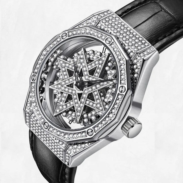 Mark Fairwhale 4465 LUXORA women’s iced-out watch with rotating star-shaped dial, stainless steel case, and crystal-encrusted bezel