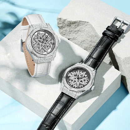 Mark Fairwhale 4465 LUXORA women’s iced-out watch with rotating star-shaped dial, stainless steel case, and crystal-encrusted bezel