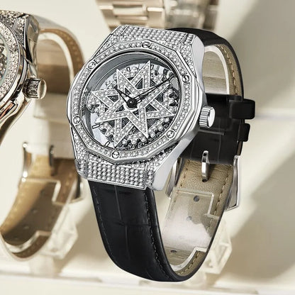Mark Fairwhale 4465 LUXORA women’s iced-out watch with rotating star-shaped dial, stainless steel case, and crystal-encrusted bezel