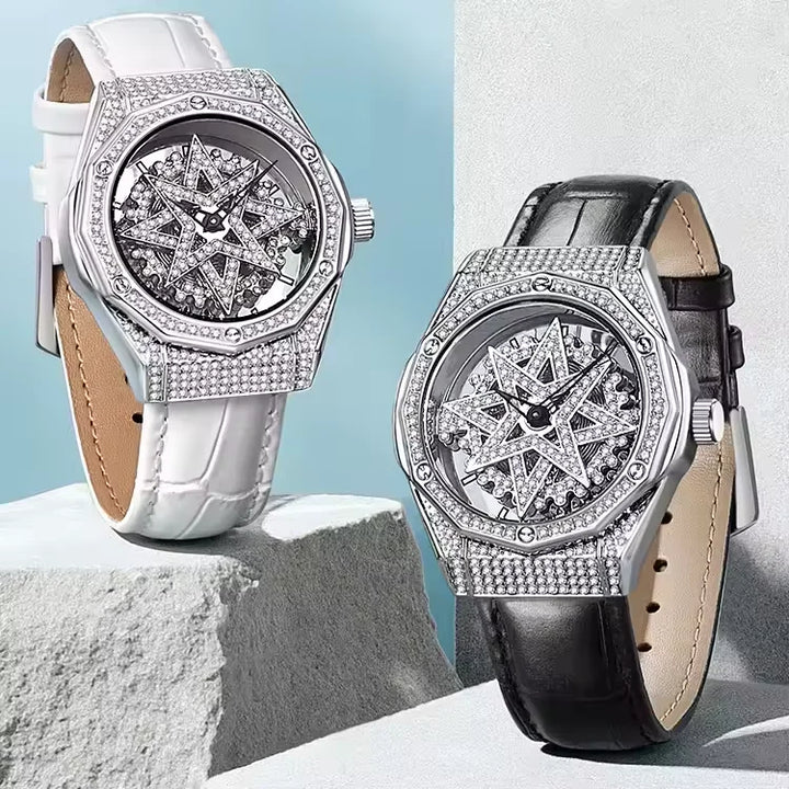 Mark Fairwhale 4465 LUXORA women’s iced-out watch with rotating star-shaped dial, stainless steel case, and crystal-encrusted bezel