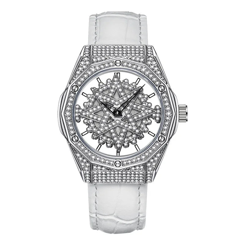 Mark Fairwhale 4465 LUXORA women’s iced-out watch with rotating star-shaped dial, stainless steel case, and crystal-encrusted bezel