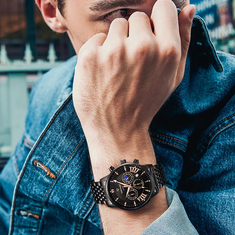 Mark Fairwhale 5020 TONARIS men’s chronograph watch with black dial and stainless steel strap – lifestyle wrist shot.