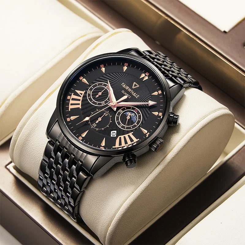 Mark Fairwhale 5020 TONARIS rose gold chronograph watch with leather strap – lifestyle shot.