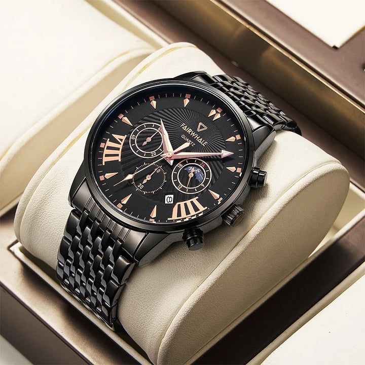 Mark Fairwhale 5020 TONARIS rose gold chronograph watch with leather strap – lifestyle shot.