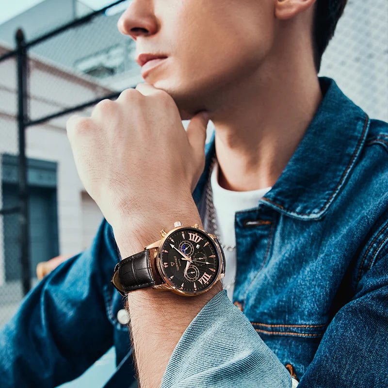 Mark Fairwhale 5020 TONARIS rose gold chronograph watch with leather strap – lifestyle shot.