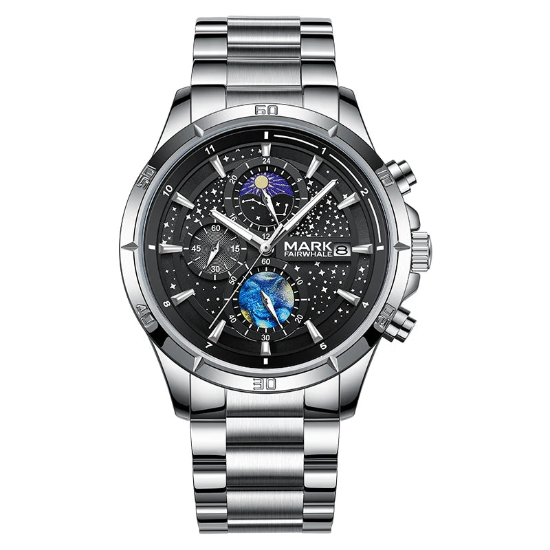 Mark Fairwhale 5022 VELTRONIX chronograph watch with black starry dial and stainless steel strap.