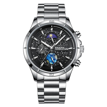 Mark Fairwhale 5022 VELTRONIX chronograph watch with black starry dial and stainless steel strap.