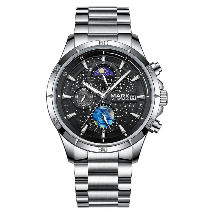 Mark Fairwhale 5022 VELTRONIX chronograph watch with black starry dial and stainless steel strap.